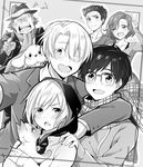  5boys :d ;d anger_vein big_cat_shan blush cat dog georgi_popovich glasses greyscale hand_on_another's_shoulder hat hood hoodie katsuki_yuuri makkachin mila_babicheva monochrome multiple_boys one_eye_closed open_mouth puma_tiger_scorpion scarf self_shot smile v viktor_nikiforov yakov_feltsman yuri!!!_on_ice yuri_plisetsky 