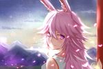  absurdres animal_ears bare_shoulders benghuai_xueyuan breasts bunny_ears from_side hair_between_eyes highres long_hair looking_at_viewer looking_back medium_breasts mountain pink_eyes pink_hair sky solo star_(sky) starry_sky very_long_hair yae_sakura_(benghuai_xueyuan) yu_ningning 