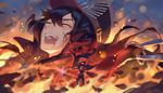  :d ^_^ ^o^ arrow arrow_in_body bangs black_hair blood cape closed_eyes fate/grand_order fate_(series) fire glowing glowing_eyes grin highres laughing long_hair long_sleeves military military_uniform oda_nobunaga_(fate) open_mouth pants projected_inset smile sparrow_(xici9527) sword torn_cape uniform weapon 