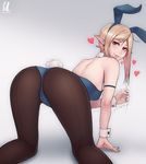  all_fours animal_ears ass bare_shoulders black_legwear blonde_hair blush bunny_ears bunny_girl bunny_tail bunnysuit detached_collar earrings elf fake_animal_ears from_behind handjob_gesture heart highres jewelry leotard looking_at_viewer looking_back original pantyhose pointy_ears red_eyes sexually_suggestive short_hair simple_background smile solo tail unsomnus wrist_cuffs 