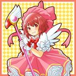  blush cardcaptor_sakura cosplay dress fire_emblem fire_emblem_if fuuin_no_tsue gloves hat kinomoto_sakura kinomoto_sakura_(cosplay) looking_at_viewer magical_girl namesake pink_hair pink_hat red_hair sakura_(fire_emblem_if) sayoyonsayoyo short_hair solo wand white_gloves wings 