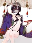  alcohol arm_up armor bangs blunt_bangs breasts breasts_apart choker closed_mouth cup detached_sleeves eyebrows eyebrows_visible_through_hair eyeshadow fate/grand_order fate_(series) feet_out_of_frame gem headpiece holding horns jewelry knees_together_feet_apart long_sleeves makeup mascara mo_(mocopo) navel oni oni_horns pink_lips purple_eyes purple_hair revealing_clothes sakazuki sake sapphire_(stone) short_hair shuten_douji_(fate/grand_order) simple_background sitting small_breasts smile solo stomach thick_eyebrows wide_sleeves 