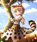  absurdres animal_ears bare_shoulders blush cloud day elbow_gloves extra_serval_(kemono_friends) eyebrows_visible_through_hair frown gloves grass highres kakutasu_(akihiron_cactus) kemono_friends looking_at_viewer multicolored_hair orange_hair orange_legwear orange_skirt outdoors paw_pose print_gloves print_skirt serval_ears serval_print serval_tail shirt short_hair skirt sleeveless sleeveless_shirt solo tail thighhighs tree two-tone_hair white_gloves white_hair white_shirt 