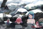  bath bathing blue_hair breasts bubble_blowing character_request closed_eyes gen_3_pokemon gen_7_pokemon highres long_hair medium_breasts multiple_girls nude onsen outdoors partially_submerged poke_ball pokemon pokemon_(creature) rerere rock rowlet short_hair smile snorunt snow towel tree 