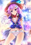  blush broom fantasy four_goddesses_online:_cyber_dimension_neptune hair_ornament hat long_hair looking_at_viewer nepgear neptune_(series) niche-tan panties purple_eyes purple_hair solo striped striped_panties underwear witch_hat 