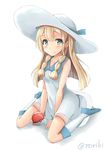  absurdres artist_name bangs bare_shoulders blonde_hair blue_footwear blue_ribbon blunt_bangs blush braid breasts closed_mouth collarbone collared_dress commentary_request dress full_body green_eyes hat hat_ribbon highres holding holding_poke_ball honorikiti kneehighs lillie_(pokemon) long_hair poke_ball poke_ball_(generic) pokemon pokemon_(game) pokemon_sm ribbon see-through shadow shoes simple_background sitting sleeveless sleeveless_dress small_breasts smile sun_hat sundress twin_braids wariza white_background white_dress white_hat white_legwear 