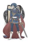  blue_hair cape card celice_(fire_emblem) fire_emblem fire_emblem:_seisen_no_keifu fire_emblem:_thracia_776 gloves headband highres holding holding_sword holding_weapon long_hair male_focus smile solo sword tarot tempe tyrfing_(fire_emblem) weapon 