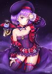 bare_shoulders belt colonel_olcott_(fate/grand_order) fate/grand_order fate_(series) flat_chest hat helena_blavatsky_(fate/grand_order) highres jacket looking_at_viewer purple_eyes purple_hair rizihike short_hair solo strapless thighhighs tree_of_life 
