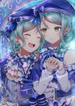  2girls :d ^_^ alternate_hairstyle aqua_hair arm_around_waist ascot bang_dream! beret blue_bow blue_hat blue_neckwear blush bow braid closed_eyes constellation_hair_ornament constellation_print double-breasted earrings eyes_closed frilled_shirt_collar frills green_eyes hair_bow hair_over_shoulder hand_on_another&#039;s_waist hat hat_bow highres hikawa_hina hikawa_sayo incest jewelry long_hair long_sleeves looking_at_another mia_(fai1510) multiple_girls neck_ribbon open_mouth ribbon short_hair shoulder_cutout siblings side_braids single_braid sisters smile striped striped_bow striped_neckwear twincest twins upper_body yuri 