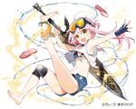  barefoot blush character_request copyright_request denim denim_shorts eyebrows_visible_through_hair flip-flops full_body goggles goggles_on_head holding holding_sword holding_weapon long_hair looking_at_viewer navel open_mouth pink_hair sandals shorts smile solo sword water weapon yellow_eyes yuzuki_kihiro 