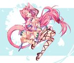  ;) animal_ears blue_eyes bow breasts cat_ears cat_tail dress full_body hair_bow hyanna-natsu jewelry large_breasts leg_ribbon long_hair low-tied_long_hair one_eye_closed original pink pink_dress pink_hair red_bow ribbon ring salute scarf smile solo tail toes very_long_hair whisker_markings 