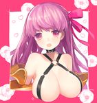  bangs blush breasts claws fate/extra fate/extra_ccc fate_(series) floral_background hair_ribbon heart large_breasts long_hair looking_at_viewer munuko o-ring o-ring_top open_mouth passion_lip pink_background pink_eyes purple_hair purple_ribbon revealing_clothes ribbon solo tears upper_body wavy_mouth 