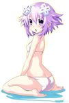  ass blush bra breasts d-pad d-pad_hair_ornament feet full_body hair_ornament iwasi-r looking_at_viewer looking_back neptune_(choujigen_game_neptune) neptune_(series) open_mouth panties purple_eyes purple_hair short_hair simple_background sitting small_breasts smile soles solo underwear underwear_only wariza 