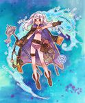  alternate_costume basket belt bikini blanchelune boots brown_gloves cape female_my_unit_(fire_emblem:_kakusei) fire_emblem fire_emblem:_kakusei fire_emblem_heroes fish fishing_net gloves jacket_on_shoulders looking_at_viewer my_unit_(fire_emblem:_kakusei) octopus pointing polearm silver_hair smile solo swimsuit thigh_strap trident twintails water weapon 