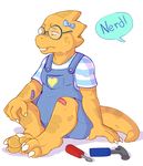  2015 alphys anthro bandage clothed clothing dialogue eyewear female glasses hi_res lizard nerd reptile sad scalie shadowpelt simple_background sketch solo tears toy undertale video_games white_background 