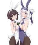  alternate_costume animal_ears arm_at_side bad_id bad_pixiv_id bare_shoulders between_breasts black_legwear blue_eyes blue_leotard blush breast_press breasts brown_eyes brown_hair bunny_ears bunny_tail bunnysuit cleavage cnm covered_navel cowboy_shot detached_collar fake_animal_ears folded_ponytail from_side hand_on_own_chest hayasui_(kantai_collection) headband highleg highleg_leotard highres kamoi_(kantai_collection) kantai_collection large_breasts leotard light_smile long_hair looking_at_viewer multiple_girls off_shoulder open_mouth pantyhose short_hair sidelocks silver_hair simple_background symmetrical_docking tail thick_eyebrows white_background white_leotard 