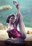 adapted_costume arm_support armpits artist_name barefoot beach blurry blurry_background breasts commentary crotch fainxel full_body hair_pulled_back highres leg_hold leg_up leotard lips long_hair looking_at_viewer medium_breasts nose outdoors overwatch pink_leotard ponytail pose purple_hair purple_lips purple_skin realistic shore signature sitting solo toes watermark web_address widowmaker_(overwatch) yellow_eyes 