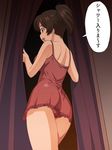  :d a1 ass black_ribbon breasts brown_hair chemise commentary_request curtains from_behind from_below girls_und_panzer hair_between_eyes hair_ribbon koyama_yuzu large_breasts open_mouth ponytail profile ribbon smile solo speech_bubble standing translated 