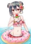  1girl alternate_hairstyle bikini bikini_skirt black_hair blue_scrunchie blush bow_bikini bracelet breasts commentary dated double_bun doughnut earrings flower food frilled_armband frilled_bikini frills frown groin hair_flower hair_ornament hair_scrunchie hair_up hairclip head_tilt highres holding holding_food innertube jewelry looking_at_viewer love_live! love_live!_school_idol_project miyamae_porin navel pink_bikini pink_skirt popsicle red_eyes scrunchie short_hair skirt small_breasts standing sweatdrop swimsuit wading watermelon_bar wavy_mouth white_scrunchie wrist_scrunchie x_hair_ornament yazawa_nico 