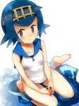  bangs barefoot blue_eyes blue_hair blue_pants blue_sailor_collar breasts bright_pupils capri_pants closed_mouth collarbone from_above hairband hands_together highres hijiri-tukasa looking_at_viewer one-piece_swimsuit pants pants_down pokemon pokemon_(game) pokemon_sm sailor_collar school_swimsuit seiza shirt short_eyebrows short_hair sitting sleeveless sleeveless_shirt small_breasts smile solo suiren_(pokemon) swimsuit swimsuit_under_clothes trial_captain white_background white_shirt yellow_hairband 