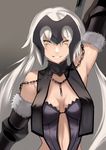  &gt;:) arm_up armpits bangs bare_shoulders breasts bustier chain cleavage commentary_request fate/grand_order fate_(series) grin headpiece highres jeanne_d'arc_(alter)_(fate) jeanne_d'arc_(fate)_(all) karlwolf long_hair looking_at_viewer medium_breasts smile solo upper_body v-shaped_eyebrows white_hair yellow_eyes 