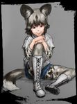  african_wild_dog_(kemono_friends) animal_ears baten_(gei-vorugu) black_hair boots brown_eyes camouflage commentary_request cross-laced_footwear grey_background grey_hair grey_legwear hands_on_own_knee kemono_friends lace-up_boots long_sleeves looking_at_viewer multicolored multicolored_clothes multicolored_hair multicolored_legwear pantyhose shorts sitting smile solo tail two-tone_hair 
