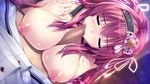  1girl blush breasts censored cheek_bulge closed_eyes dutch_angle fellatio game_cg hairband harugasaki_kanau haruru_minamo_ni! hetero highres large_breasts long_hair mosaic_censoring nipples official_art oral paizuri penis pink_hair pov puffy_nipples shintarou solo_focus sweat 