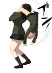  a1 arms_up black_legwear black_skirt blonde_hair blue_eyes brown_hair carrying commentary_request fang flying_sweatdrops from_side girls_und_panzer green_jacket jacket katyusha loafers long_hair long_sleeves miniskirt motion_lines multiple_girls nonna open_mouth outstretched_arms panties pleated_skirt pravda_school_uniform red_shirt school_uniform shirt shoes short_hair shoulder_carry skirt socks sweatdrop underwear yellow_panties 