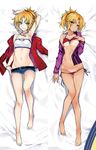  arm_behind_back arm_up armpits bar_censor bare_legs barefoot belt bikini blonde_hair blush braid breasts censored commentary_request cutoffs dakimakura denim denim_shorts fate/apocrypha fate/grand_order fate_(series) green_eyes hair_ornament hair_scrunchie hand_on_hip hand_on_own_chest jacket jacket_removed jewelry kodama_yuu long_hair long_sleeves looking_at_viewer lying midriff mordred_(fate) mordred_(fate)_(all) mordred_(swimsuit_rider)_(fate) multiple_views navel necklace off_shoulder on_back open_clothes open_jacket open_shirt pendant ponytail red_bikini red_jacket red_scrunchie scrunchie shiny shiny_skin shirt short_shorts shorts side-tie_bikini small_breasts smile surfboard swimsuit tan tanline thigh_gap 
