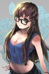  alternate_hairstyle arms_at_sides bangs bare_arms bare_shoulders black-framed_eyewear blue_shirt blush body_blush breasts brown_eyes brown_hair cleavage closed_mouth collarbone crop_top crop_top_overhang eyelashes floral_background glasses hair_down highres large_breasts lepusnette long_hair looking_at_viewer mei_(overwatch) midriff miniskirt overwatch pink_lips plaid plaid_skirt shirt skirt sleeveless solo upper_body wrist_straps 