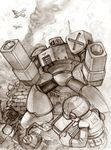  aircraft airplane battle belt belt_pouch brick_wall broken broken_wall cable computer fighting_stance full_body gloves graphite_(medium) greyscale helmet khuntry laptop long_sleeves monochrome multiple_boys pouch robot rockman rockman_(character) sketch smoke text_focus traditional_media 