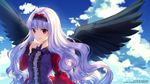  black_wings blue_sky breasts commentary day dress feathered_wings frilled_dress frilled_sleeves frills hairband lavender_hair long_hair looking_at_viewer red_eyes rosuuri serment_-contract_with_a_devil sky small_breasts smile solo very_long_hair wings 