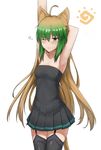  animal_ears arm_behind_head armpits arms_up atalanta_(fate) bare_shoulders black_legwear breasts cat_ears cat_tail covered_navel dress eyebrows_visible_through_hair fate/apocrypha fate/grand_order fate_(series) garter_straps green_eyes highres multicolored_hair one_eye_closed seaweed2017 small_breasts solo strapless strapless_dress tail thighhighs thighs zettai_ryouiki 