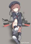  bangs black_footwear black_legwear blunt_bangs brown_eyes brown_hair closed_mouth commentary eyebrows_visible_through_hair foreshortening frown full_body hat highres kantai_collection karlwolf long_sleeves looking_away machinery military military_hat military_uniform peaked_cap rigging sailor_collar shoes short_hair sitting socks solo turret twitter_username uniform z3_max_schultz_(kantai_collection) 