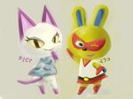  abstract_background animal_crossing armwear ayu_(artist) bald bare_shoulders belt black_nose blue_clothing blue_eyes blue_fur blue_shirt blue_tail boots camo cat character_name clothed clothing cute digital_media_(artwork) domino_mask duo elbow_gloves eyelashes feline female footwear front_view full-length_portrait fully_clothed fur gloves gloves_(marking) grey_background hand_on_face hand_on_hip japanese_text kemono lagomorph lipstick long_ears looking_at_viewer looking_back makeup mammal markings mask miniskirt mira_(animal_crossing) mole_(marking) multicolored_fur nintendo olivia_(animal_crossing) one_eye_closed pink_lipstick portrait purple_fur purple_markings purple_tail rabbit raised_arm rear_view red_armwear red_boots red_footwear red_gloves red_skirt semi-anthro shirt simple_background skinny_tail skirt sleeveless sleeveless_shirt slit_pupils smile socks_(marking) standing text two_tone_fur video_games white_clothing white_fur white_shirt yellow_fur yellow_sclera 