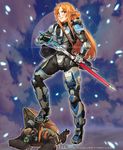  absurdres alien asuna_(sao) blush braid brown_eyes brown_hair crossover french_braid full_body grunt_(halo) halo_(game) highres long_hair long_legs mathias_leth power_armor scabbard sheath sidelocks smile solo_focus spartan_(halo) stepped_on sword sword_art_online unsheathing weapon 