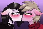  2017 amber_eyes black_hair blonde_hair blue_eyes blush clothing collar duo equine eyebrows eyelashes fan_character female female/female feral freckles hair hi_res horse kissing lamika mammal my_little_pony naomiknight-17 naomiknight17 pony reppy simple_background sweater 
