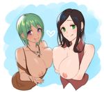  :p ;q areolae asymmetrical_docking bad_id bad_pixiv_id bangs bare_arms bare_shoulders bead_necklace beads breast_press breasts breasts_outside brown_dress brown_hair brown_shirt collarbone collared_shirt dark_skin dress earrings eyebrows_visible_through_hair green_eyes green_hair heart jewelry large_breasts long_hair looking_at_viewer mob_(pixiv19874083) multiple_girls naughty_face necklace nipples off_shoulder one_eye_closed open_clothes open_shirt original purple_eyes shirt short_hair sleeveless sleeveless_shirt smile swept_bangs tongue tongue_out tooth_necklace upper_body 