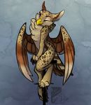  2015 4_toes anthro avian beak brown_feathers brown_fur brown_tail casynuf chest_tuft claws ear_piercing eyebrows eyelashes feathered_wings feathers female full-length_portrait fur grey_background gryphon head_tilt hi_res looking_at_viewer multicolored_fur multicolored_tail one_eye_closed piercing portrait red_eyes simple_background sitting smile solo tail_feathers tan_feathers tan_fur tan_tail toes tuft two_tone_fur wings wink yellow_beak 