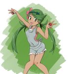  :d armpits bangs bare_arms bare_shoulders breasts collarbone covered_navel dark_skin feet_out_of_frame flower green_eyes green_hair hair_flower hair_ornament hino_(nanasamib) holding holding_poke_ball knees_together_feet_apart long_hair looking_at_viewer mao_(pokemon) open_mouth overalls pink_shirt pocket poke_ball poke_ball_(generic) pokemon pokemon_(game) pokemon_sm shirt sleeveless sleeveless_shirt small_breasts smile solo standing strapless swept_bangs trial_captain tubetop twintails two-tone_background 