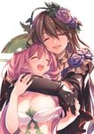  black_gloves breasts brown_hair cleavage closed_eyes flower gloves granblue_fantasy hair_between_eyes hair_flower hair_ornament hug hug_from_behind large_breasts leaf long_hair mizuno_(suisuiw) multiple_girls open_mouth pink_flower pink_hair pink_rose plant_girl purple_flower purple_rose rose rosetta_(granblue_fantasy) simple_background smile teeth upper_body white_background yggdrasil_(granblue_fantasy) 