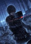  artist_name belt black_bodysuit black_hair blame! bodysuit cowboy_shot cyberpunk dystopia gloves graviton_beam_emitter gun handgun highres holding holding_gun holding_weapon killy lens_flare male_focus ruins safeguard_(blame!) solo spot_color tatsuya_(atelier_road) utility_belt weapon 