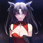  absurdres bad_id bad_pixiv_id black_gloves black_hair blue_eyes breasts cleavage cleavage_cutout dress elbow_gloves fate/stay_night fate_(series) gloves hair_ribbon highres long_hair looking_to_the_side medium_breasts mog_(pixiv5746967) red_dress ribbon smirk solo toosaka_rin two_side_up upper_body 