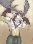  2015 anthro antlers belly biceps body_hair brown_background brown_ears brown_fur brown_nose bulge cervine clothed clothing digital_drawing_(artwork) digital_media_(artwork) dipstick_ears ears_back flexing front_view fur gloves_(marking) green_clothing hairy happy_trail head_tuft horn irish_elk looking_away male mammal markings megaloceros multicolored_fur muscular muzzle_(marking) navel nipples portrait shorts signature simple_background skuell solo three-quarter_portrait topless tuft white_eyes white_fur white_nipples yellow_fur 