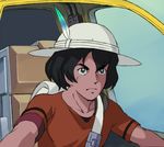 &gt;:( a1 backpack bag black_hair blue_eyes chair closed_mouth collarbone commentary frown hair_between_eyes hat hat_feather helmet kaban_(kemono_friends) kemono_friends oldschool parody pith_helmet red_shirt seatbelt shirt short_hair short_sleeves sitting solo style_parody taiyou_no_kiba_dougram upper_body v-shaped_eyebrows 