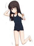  &gt;:( a1 bangs barefoot blue_eyes blunt_bangs blush brown_hair child closed_mouth collarbone commentary_request flat_chest frown girls_und_panzer head_tilt holding leg_up long_hair looking_at_viewer motion_lines nishizumi_shiho one-piece_swimsuit one_eye_closed school_swimsuit solo standing standing_on_one_leg swim_cap swimsuit v-shaped_eyebrows wet white_background younger 