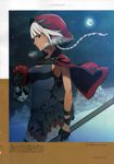  absurdres bandages braid breasts dark_skin dress gloves god_eater god_eater_2:_rage_burst highres holding lace lace-trimmed_thighhighs livie_collet looking_at_viewer medium_breasts moon night night_sky non-web_source official_art outdoors polearm scan short_dress short_hair silver_hair single_braid sky sleeveless snow solo star_(sky) thighhighs weapon white_legwear 