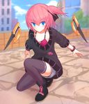  blue_eyes bra bracelet breasts closers commentary_request dagger full_body jewelry looking_at_viewer one_knee oversized_clothes oversized_shirt pink_bra pink_hair ribbon seulbi_lee shirt short_hair side_ponytail small_breasts solo suta_(clusta) thighhighs underwear weapon 