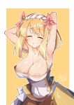  1girl areolae armpits arms_behind_head blonde_hair breasts cleavage commentary endro! eyes_closed fai_fai hairband highres large_breasts short_hair signature simple_background smile solo strapless tilt-shift 