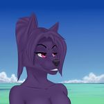  2017 an_ancient anthro blue_sky bust_portrait canine clothed clothing cloud dog female fur hair husky mammal pink_eyes portrait purple_fur sea sky smile solo topless water 